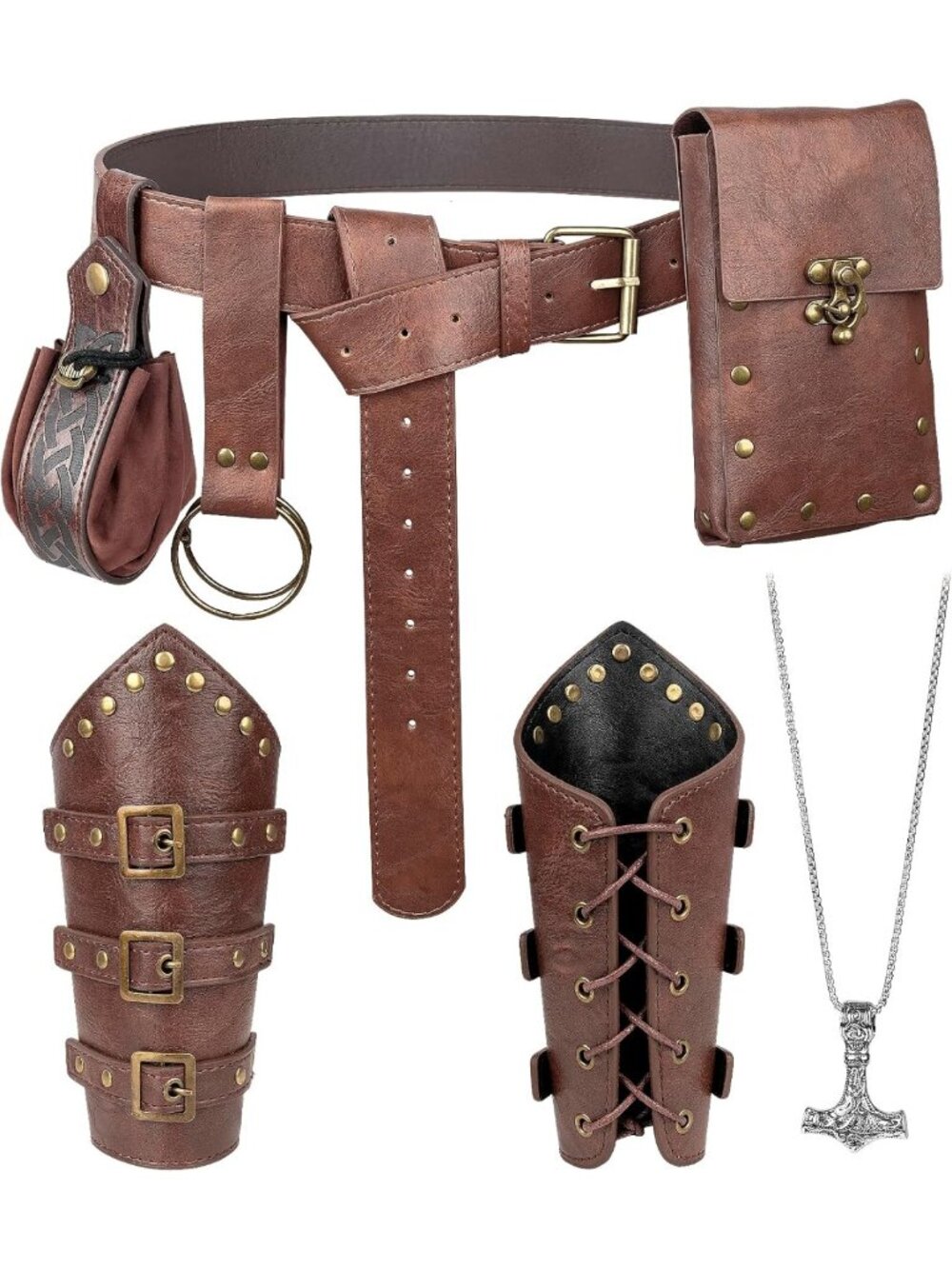 7PCS Medieval Costume Set - Renaissance Accessories, Viking Bracers & Belt